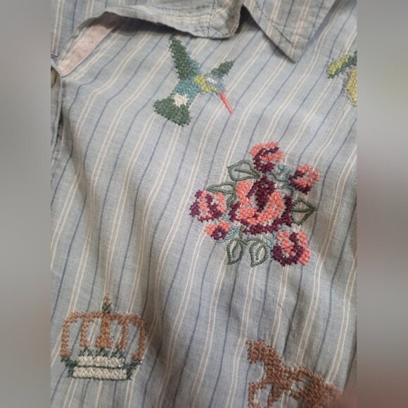 Johnny Was Alexandria Oversized Stripe Shirt Embroidered Cotton L Hummingbird - Picture 5 of 7